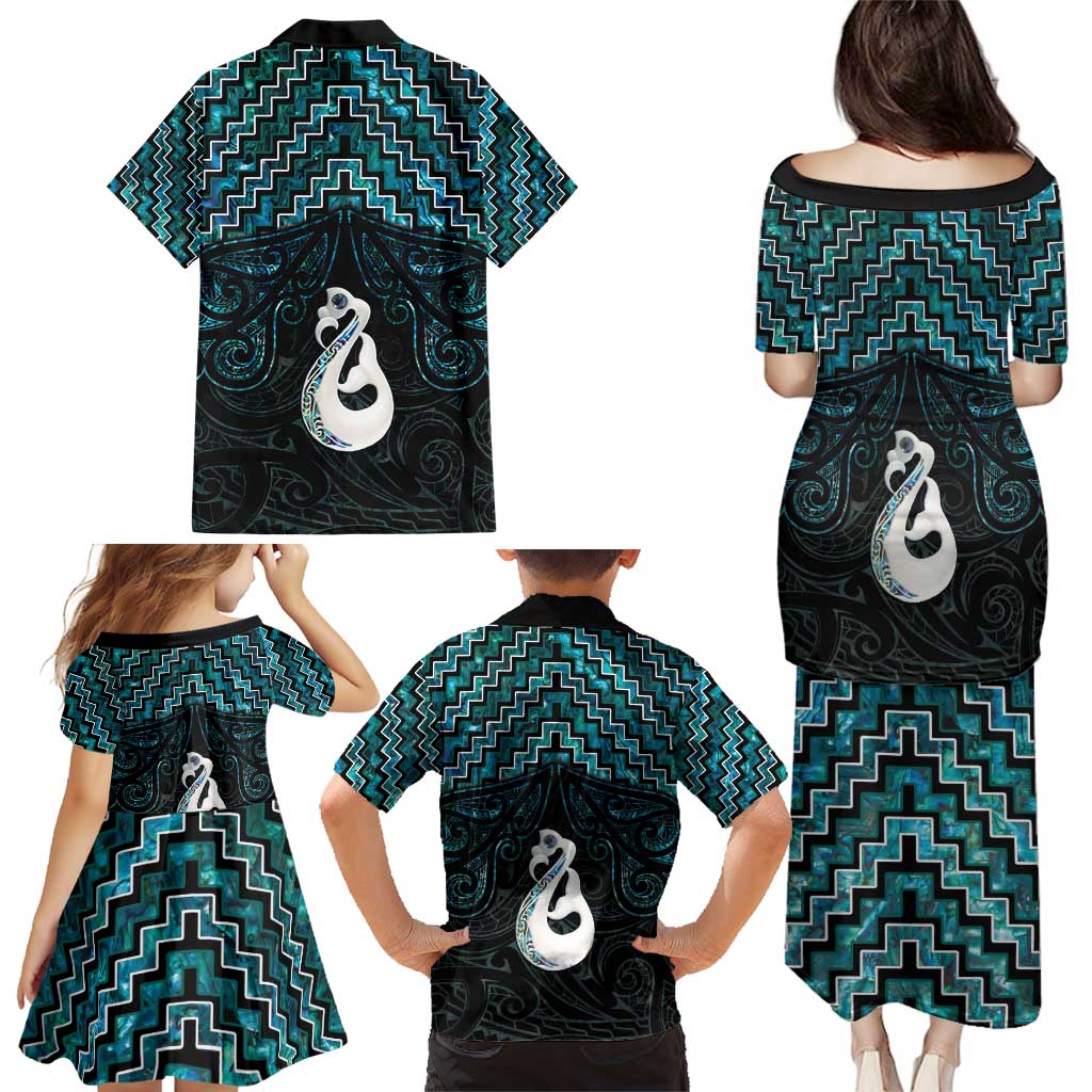 New Zealand Maori Family Matching Puletasi and Hawaiian Shirt Poutama Manaia Turquoise Paua Shell LT05 - Polynesian Pride