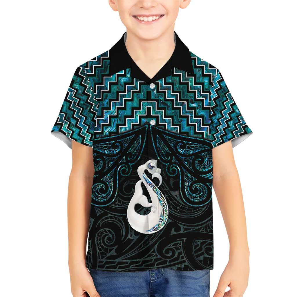 New Zealand Maori Family Matching Puletasi and Hawaiian Shirt Poutama Manaia Turquoise Paua Shell LT05 Son's Shirt Turquoise - Polynesian Pride