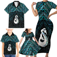 New Zealand Maori Family Matching Short Sleeve Bodycon Dress and Hawaiian Shirt Poutama Manaia Turquoise Paua Shell LT05 - Polynesian Pride