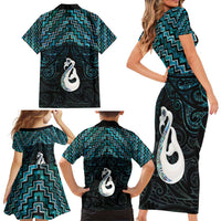 New Zealand Maori Family Matching Short Sleeve Bodycon Dress and Hawaiian Shirt Poutama Manaia Turquoise Paua Shell LT05 - Polynesian Pride
