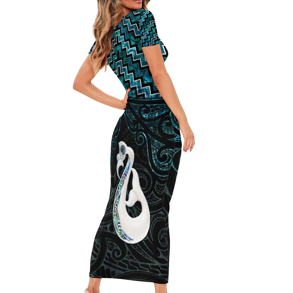 New Zealand Maori Family Matching Short Sleeve Bodycon Dress and Hawaiian Shirt Poutama Manaia Turquoise Paua Shell LT05 - Polynesian Pride