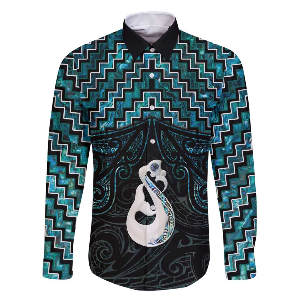 New Zealand Maori Family Matching Summer Maxi Dress and Hawaiian Shirt Poutama Manaia Turquoise Paua Shell LT05 Dad's Shirt - Long Sleeve Turquoise - Polynesian Pride