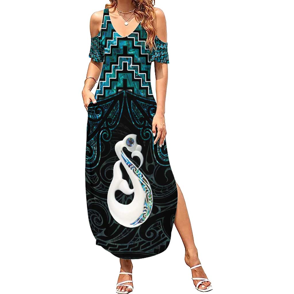 New Zealand Maori Family Matching Summer Maxi Dress and Hawaiian Shirt Poutama Manaia Turquoise Paua Shell LT05 Mom's Dress Turquoise - Polynesian Pride