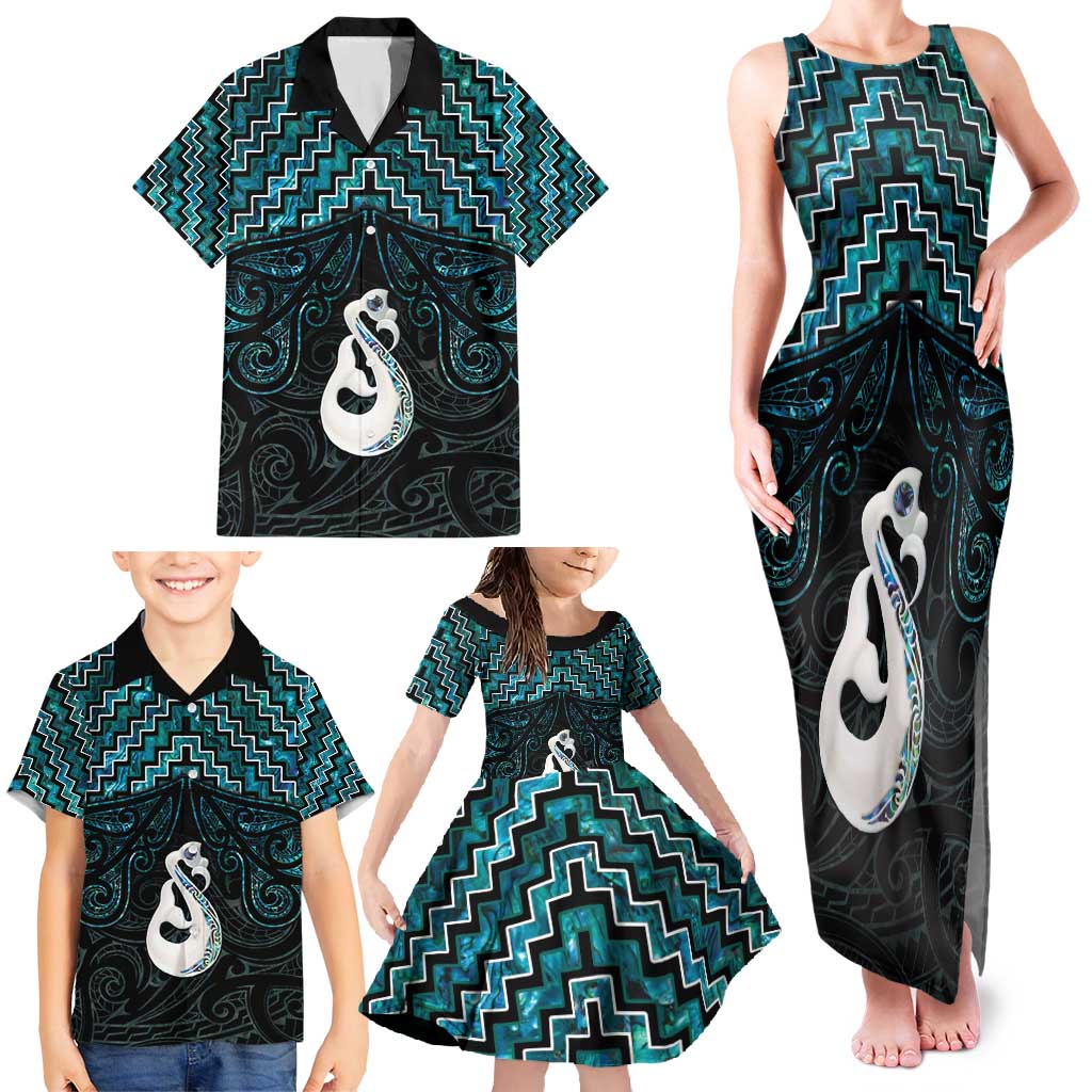 New Zealand Maori Family Matching Tank Maxi Dress and Hawaiian Shirt Poutama Manaia Turquoise Paua Shell LT05 - Polynesian Pride
