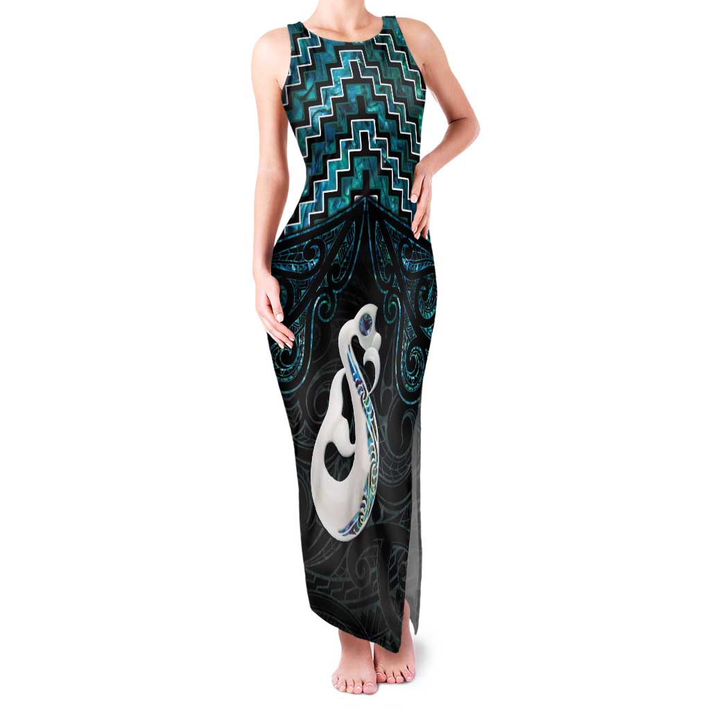 New Zealand Maori Family Matching Tank Maxi Dress and Hawaiian Shirt Poutama Manaia Turquoise Paua Shell LT05 Mom's Dress Turquoise - Polynesian Pride