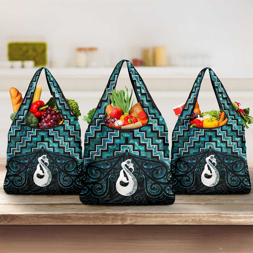New Zealand Maori Grocery Bag Poutama Manaia Turquoise Paua Shell