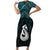 New Zealand Maori Short Sleeve Bodycon Dress Poutama Manaia Turquoise Paua Shell