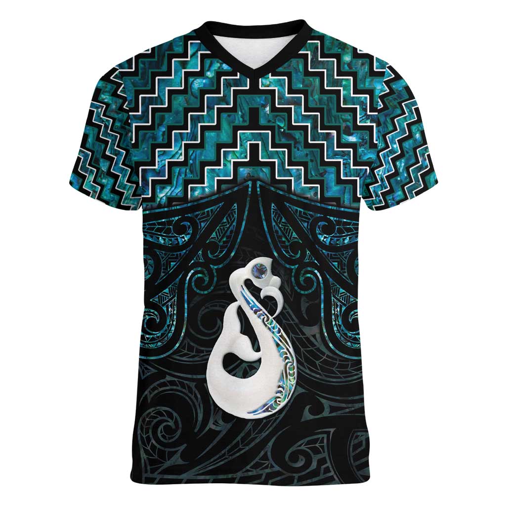 New Zealand Maori Women V-Neck T-Shirt Poutama Manaia Turquoise Paua Shell