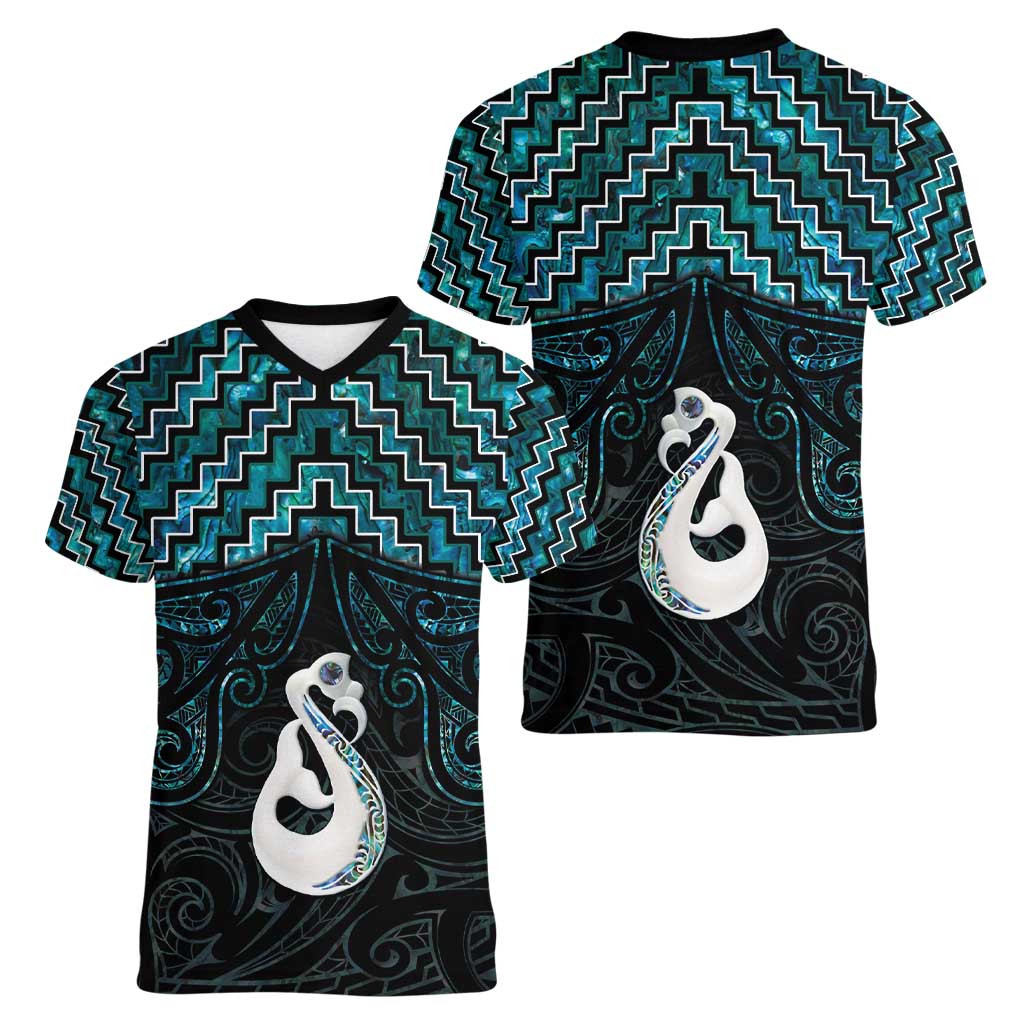 New Zealand Maori Women V-Neck T-Shirt Poutama Manaia Turquoise Paua Shell