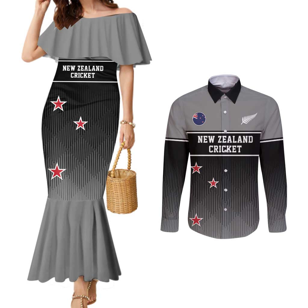 Custom New Zealand Cricket Couples Matching Mermaid Dress and Long Sleeve Button Shirt Black Cap Unbeatable LT05 Black - Polynesian Pride