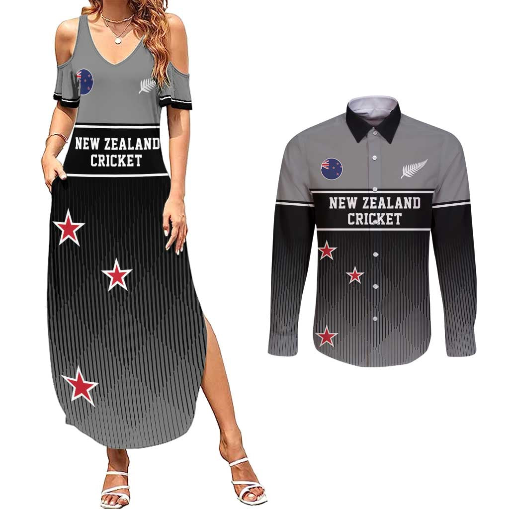 Custom New Zealand Cricket Couples Matching Summer Maxi Dress and Long Sleeve Button Shirt Black Cap Unbeatable LT05 Black - Polynesian Pride