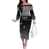 Custom New Zealand Cricket Family Matching Off The Shoulder Long Sleeve Dress and Hawaiian Shirt Black Cap Unbeatable LT05 Mom's Dress Black - Polynesian Pride