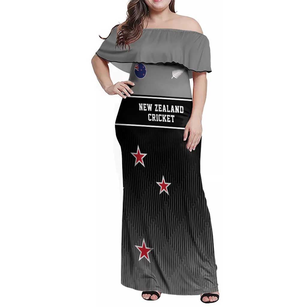 Custom New Zealand Cricket Family Matching Off Shoulder Maxi Dress and Hawaiian Shirt Black Cap Unbeatable LT05 Mom's Dress Black - Polynesian Pride