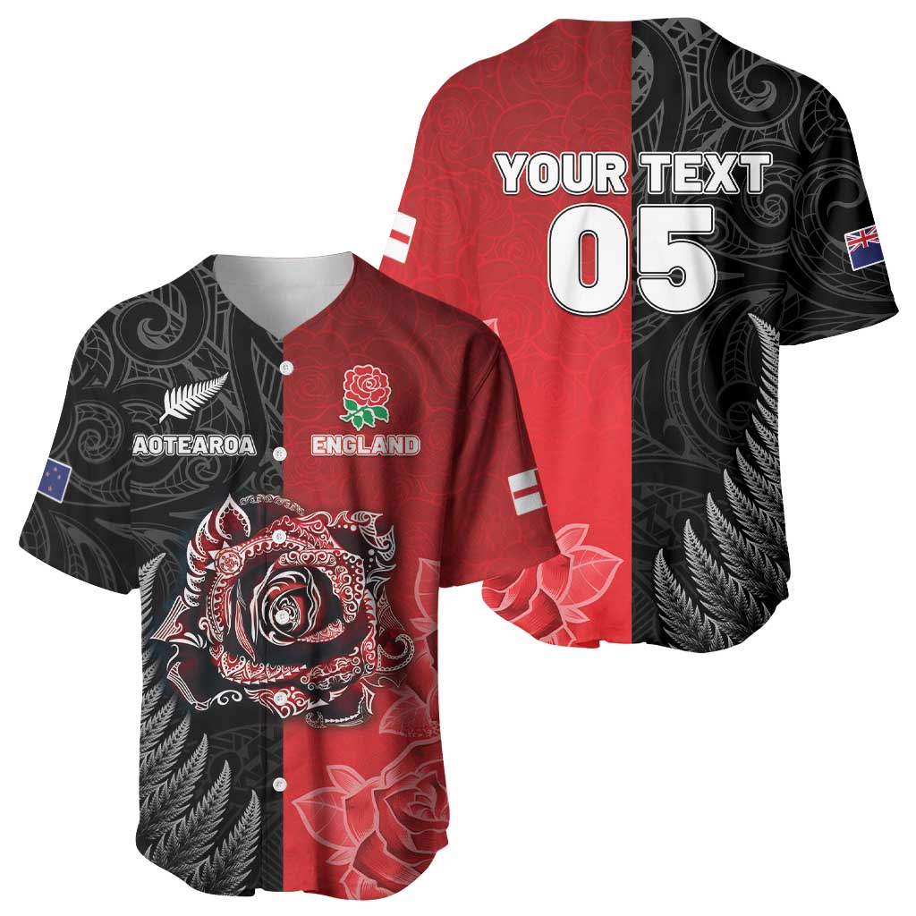New Zealand And England Rugby Custom Baseball Jersey Red Rose Mix Maori Pattern - Polynesian Pride