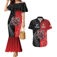 New Zealand And England Rugby Custom Couples Matching Mermaid Dress and Hawaiian Shirt Red Rose Mix Maori Pattern LT05 Black - Polynesian Pride