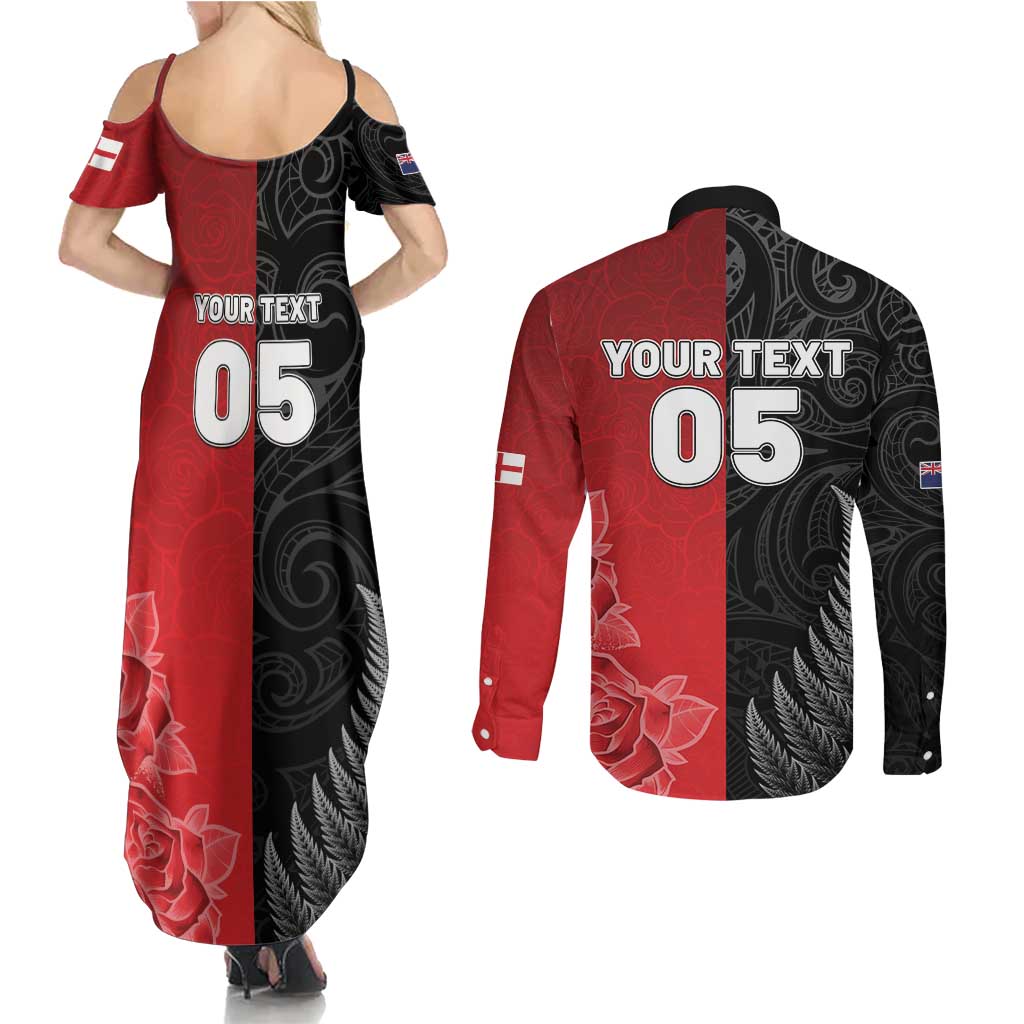 New Zealand And England Rugby Custom Couples Matching Summer Maxi Dress and Long Sleeve Button Shirt Red Rose Mix Maori Pattern - Polynesian Pride