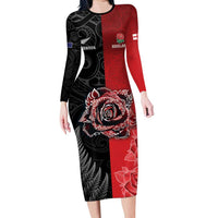 New Zealand And England Rugby Custom Family Matching Long Sleeve Bodycon Dress and Hawaiian Shirt Red Rose Mix Maori Pattern LT05 Mom's Dress Black - Polynesian Pride