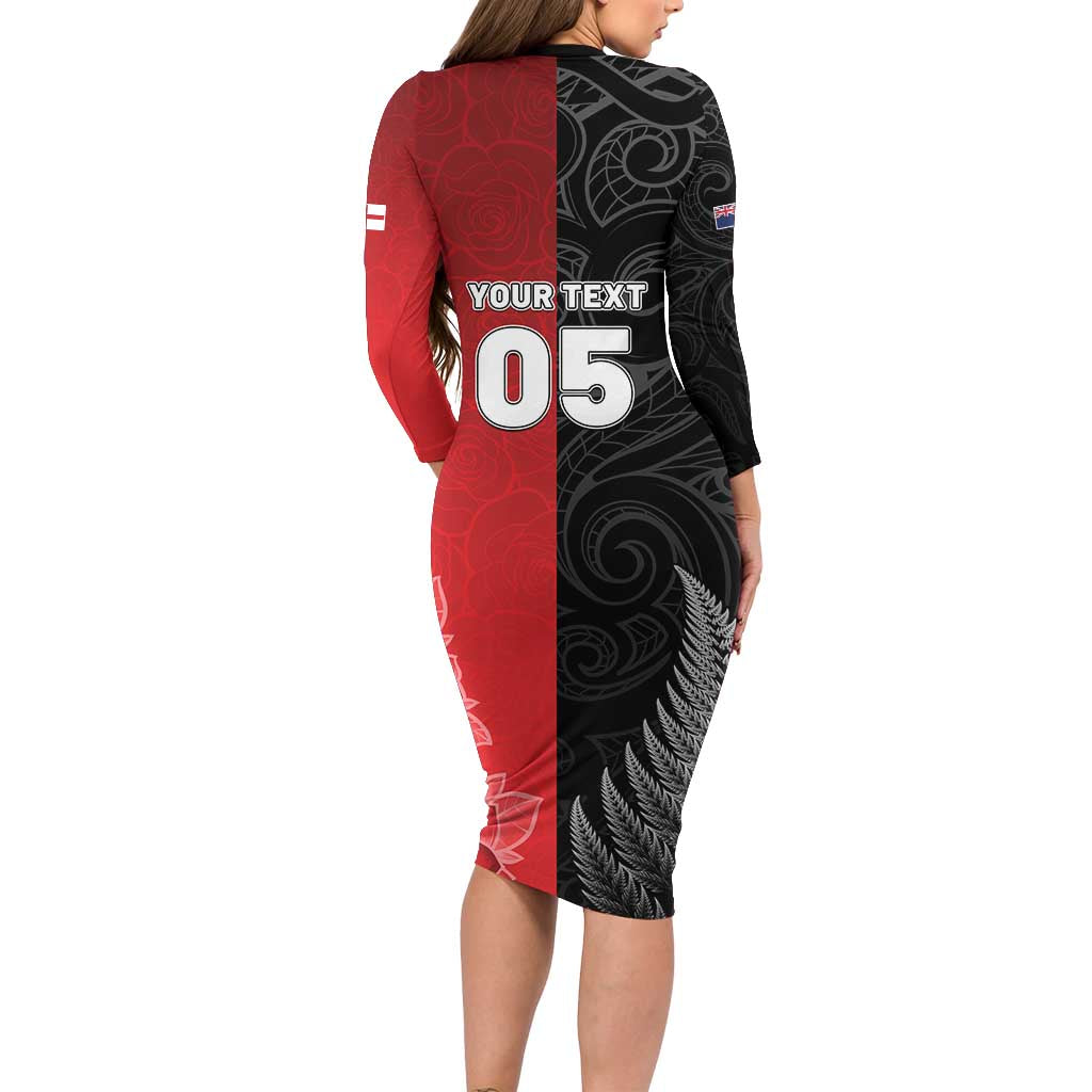 New Zealand And England Rugby Custom Family Matching Long Sleeve Bodycon Dress and Hawaiian Shirt Red Rose Mix Maori Pattern LT05 - Polynesian Pride