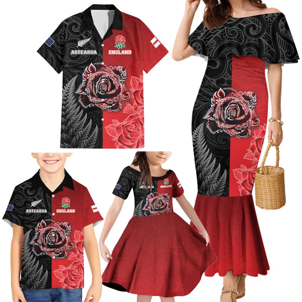 New Zealand And England Rugby Custom Family Matching Mermaid Dress and Hawaiian Shirt Red Rose Mix Maori Pattern LT05 - Polynesian Pride