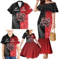 New Zealand And England Rugby Custom Family Matching Mermaid Dress and Hawaiian Shirt Red Rose Mix Maori Pattern LT05 - Polynesian Pride