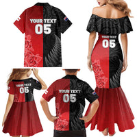 New Zealand And England Rugby Custom Family Matching Mermaid Dress and Hawaiian Shirt Red Rose Mix Maori Pattern LT05 - Polynesian Pride