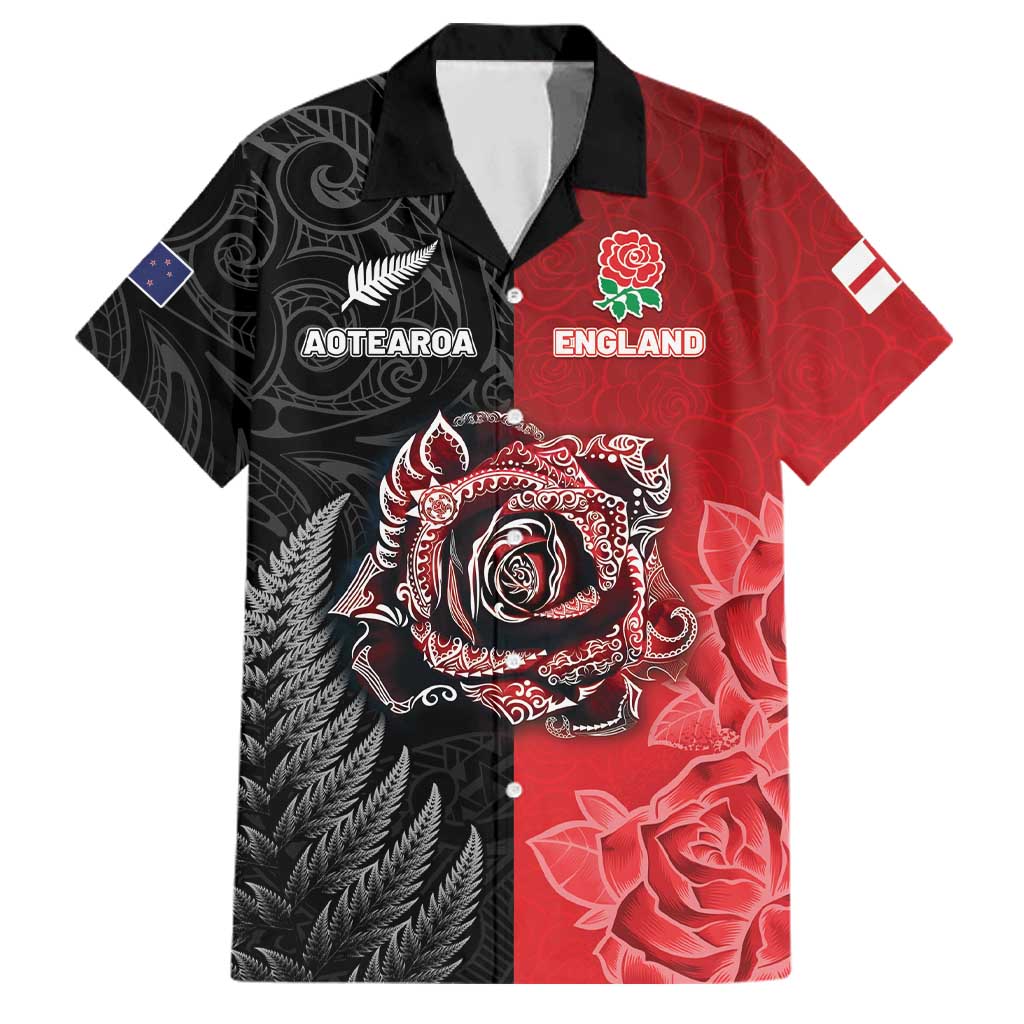 New Zealand And England Rugby Custom Family Matching Mermaid Dress and Hawaiian Shirt Red Rose Mix Maori Pattern LT05 Dad's Shirt - Short Sleeve Black - Polynesian Pride
