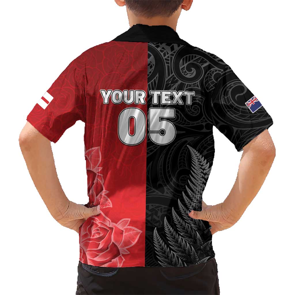 New Zealand And England Rugby Custom Family Matching Off The Shoulder Long Sleeve Dress and Hawaiian Shirt Red Rose Mix Maori Pattern LT05 - Polynesian Pride