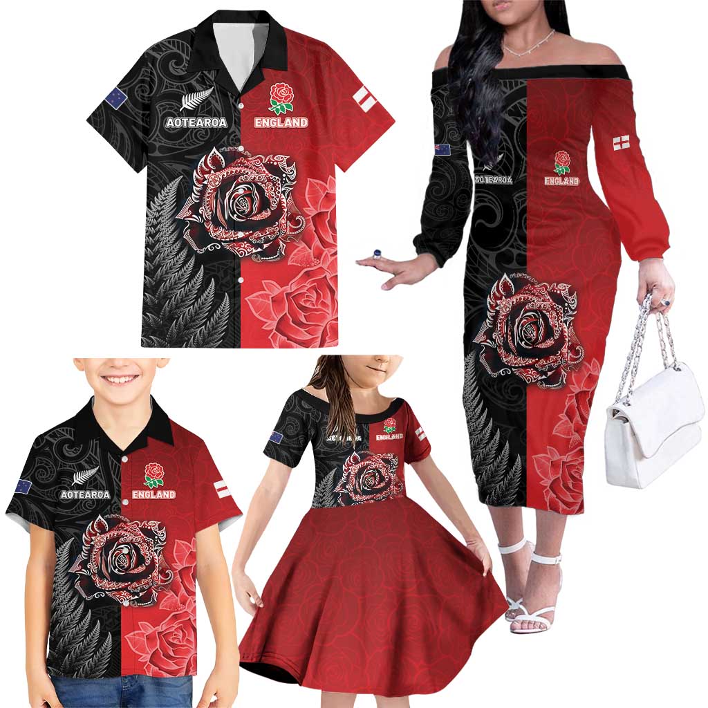 New Zealand And England Rugby Custom Family Matching Off The Shoulder Long Sleeve Dress and Hawaiian Shirt Red Rose Mix Maori Pattern - Polynesian Pride