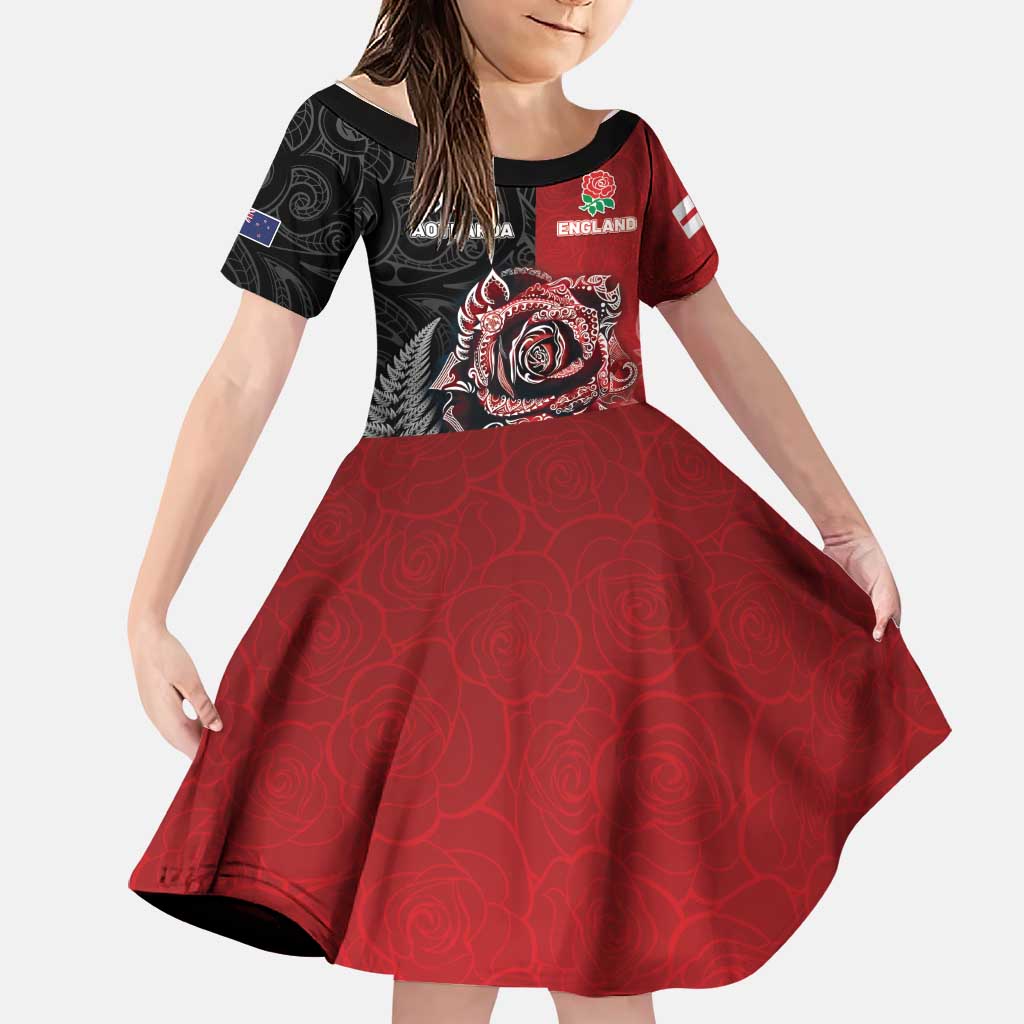 New Zealand And England Rugby Custom Family Matching Off Shoulder Maxi Dress and Hawaiian Shirt Red Rose Mix Maori Pattern LT05 Daughter's Dress Black - Polynesian Pride