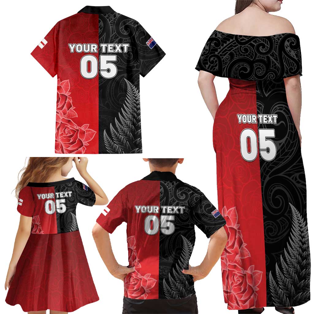 New Zealand And England Rugby Custom Family Matching Off Shoulder Maxi Dress and Hawaiian Shirt Red Rose Mix Maori Pattern LT05 - Polynesian Pride