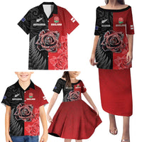 New Zealand And England Rugby Custom Family Matching Puletasi and Hawaiian Shirt Red Rose Mix Maori Pattern LT05 - Polynesian Pride