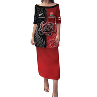 New Zealand And England Rugby Custom Family Matching Puletasi and Hawaiian Shirt Red Rose Mix Maori Pattern LT05 Mom's Dress Black - Polynesian Pride