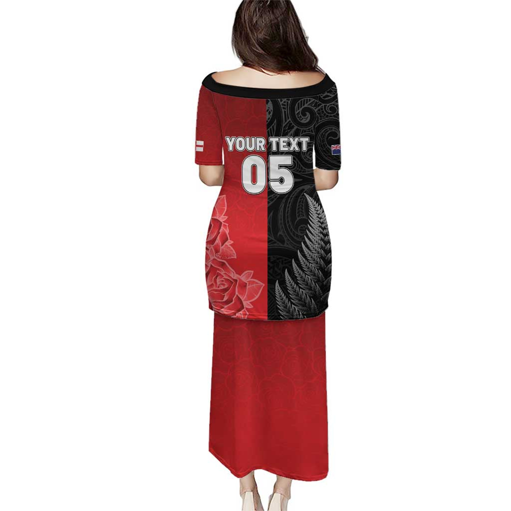 New Zealand And England Rugby Custom Family Matching Puletasi and Hawaiian Shirt Red Rose Mix Maori Pattern LT05 - Polynesian Pride