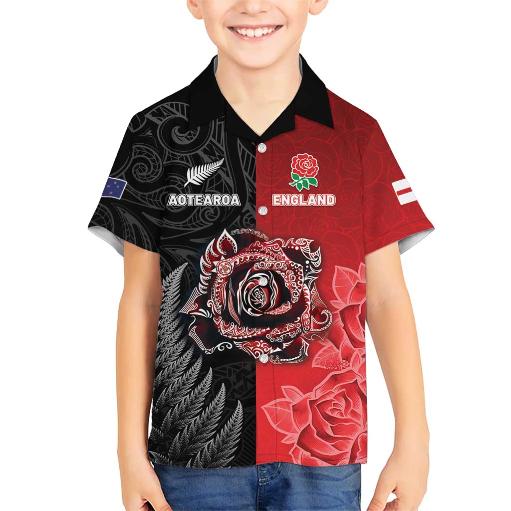 New Zealand And England Rugby Custom Family Matching Puletasi and Hawaiian Shirt Red Rose Mix Maori Pattern LT05 Son's Shirt Black - Polynesian Pride