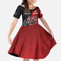 New Zealand And England Rugby Custom Family Matching Short Sleeve Bodycon Dress and Hawaiian Shirt Red Rose Mix Maori Pattern LT05 Daughter's Dress Black - Polynesian Pride