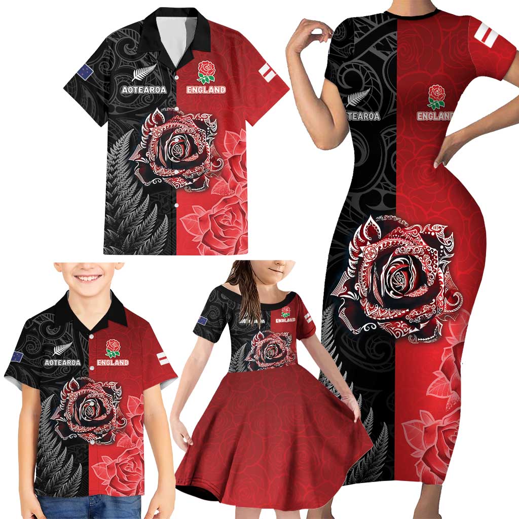 New Zealand And England Rugby Custom Family Matching Short Sleeve Bodycon Dress and Hawaiian Shirt Red Rose Mix Maori Pattern LT05 - Polynesian Pride