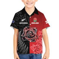 New Zealand And England Rugby Custom Family Matching Short Sleeve Bodycon Dress and Hawaiian Shirt Red Rose Mix Maori Pattern LT05 Son's Shirt Black - Polynesian Pride