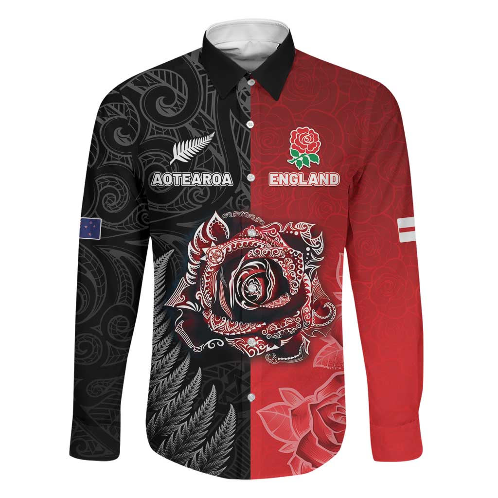 New Zealand And England Rugby Custom Family Matching Summer Maxi Dress and Hawaiian Shirt Red Rose Mix Maori Pattern LT05 Dad's Shirt - Long Sleeve Black - Polynesian Pride