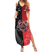 New Zealand And England Rugby Custom Family Matching Summer Maxi Dress and Hawaiian Shirt Red Rose Mix Maori Pattern LT05 Mom's Dress Black - Polynesian Pride