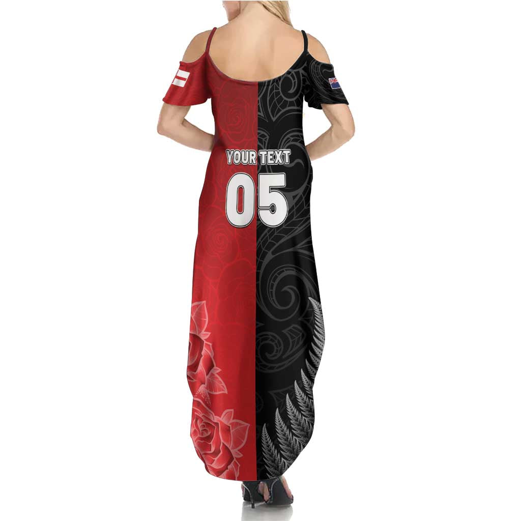 New Zealand And England Rugby Custom Family Matching Summer Maxi Dress and Hawaiian Shirt Red Rose Mix Maori Pattern LT05 - Polynesian Pride