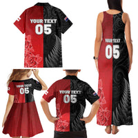 New Zealand And England Rugby Custom Family Matching Tank Maxi Dress and Hawaiian Shirt Red Rose Mix Maori Pattern LT05 - Polynesian Pride