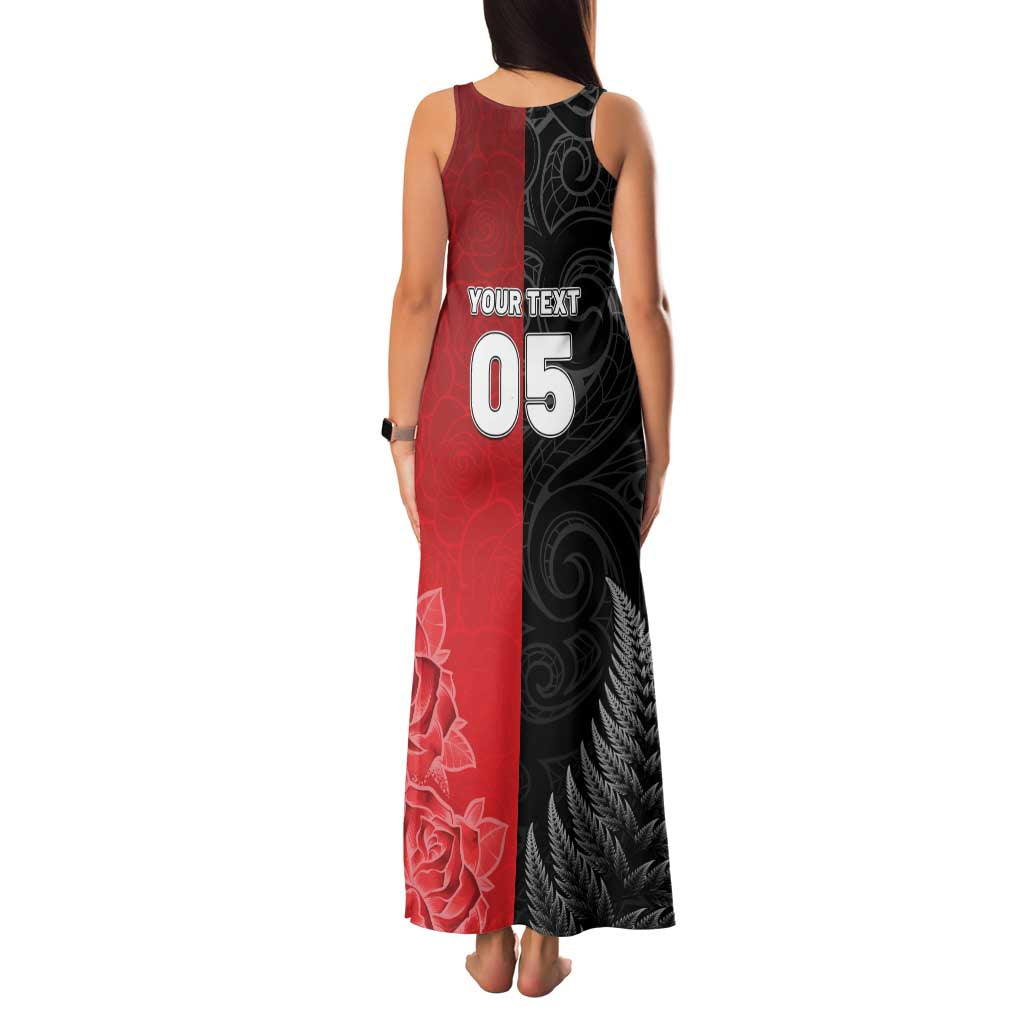 New Zealand And England Rugby Custom Family Matching Tank Maxi Dress and Hawaiian Shirt Red Rose Mix Maori Pattern LT05 - Polynesian Pride