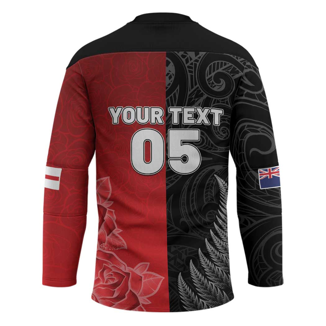 New Zealand And England Rugby Custom Hockey Jersey Red Rose Mix Maori Pattern - Polynesian Pride