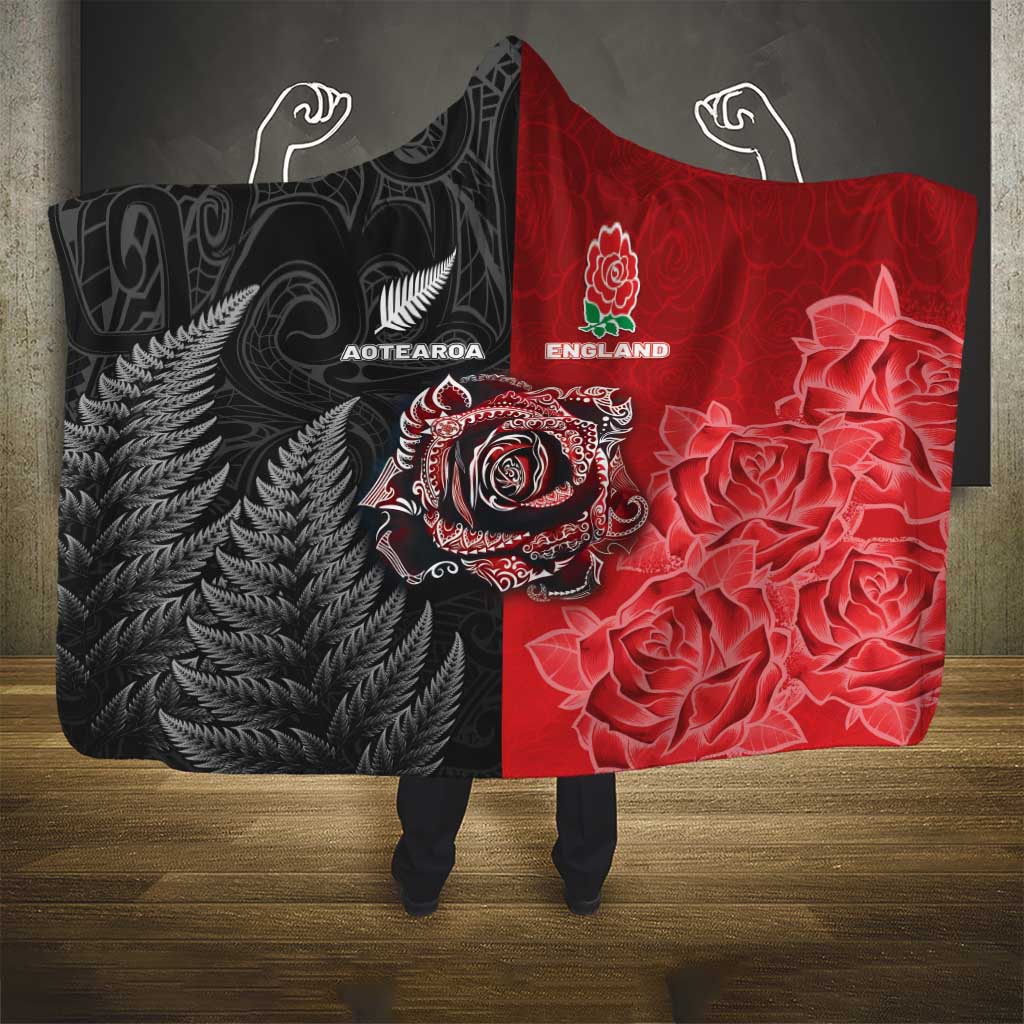 New Zealand And England Rugby Hooded Blanket Red Rose Mix Maori Pattern LT05 - Polynesian Pride