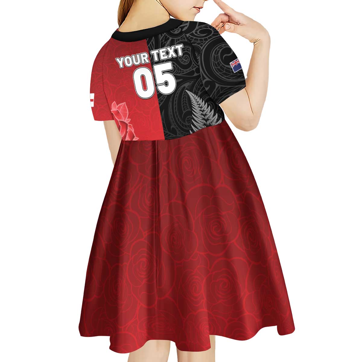 New Zealand And England Rugby Custom Kid Short Sleeve Dress Red Rose Mix Maori Pattern - Polynesian Pride