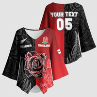 New Zealand And England Rugby Custom Kimono Sleeve Blouse Red Rose Mix Maori Pattern - Polynesian Pride