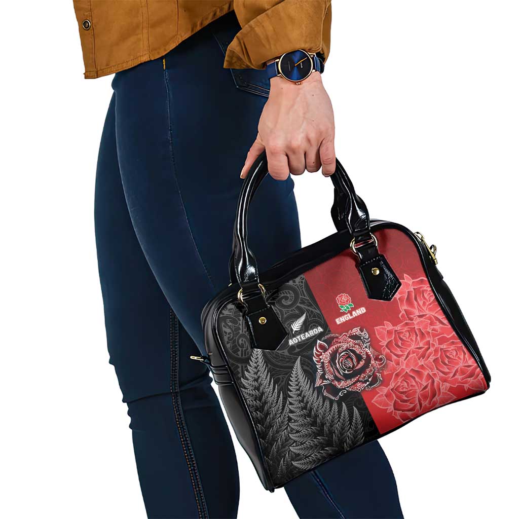 New Zealand And England Rugby Shoulder Handbag Red Rose Mix Maori Pattern - Polynesian Pride