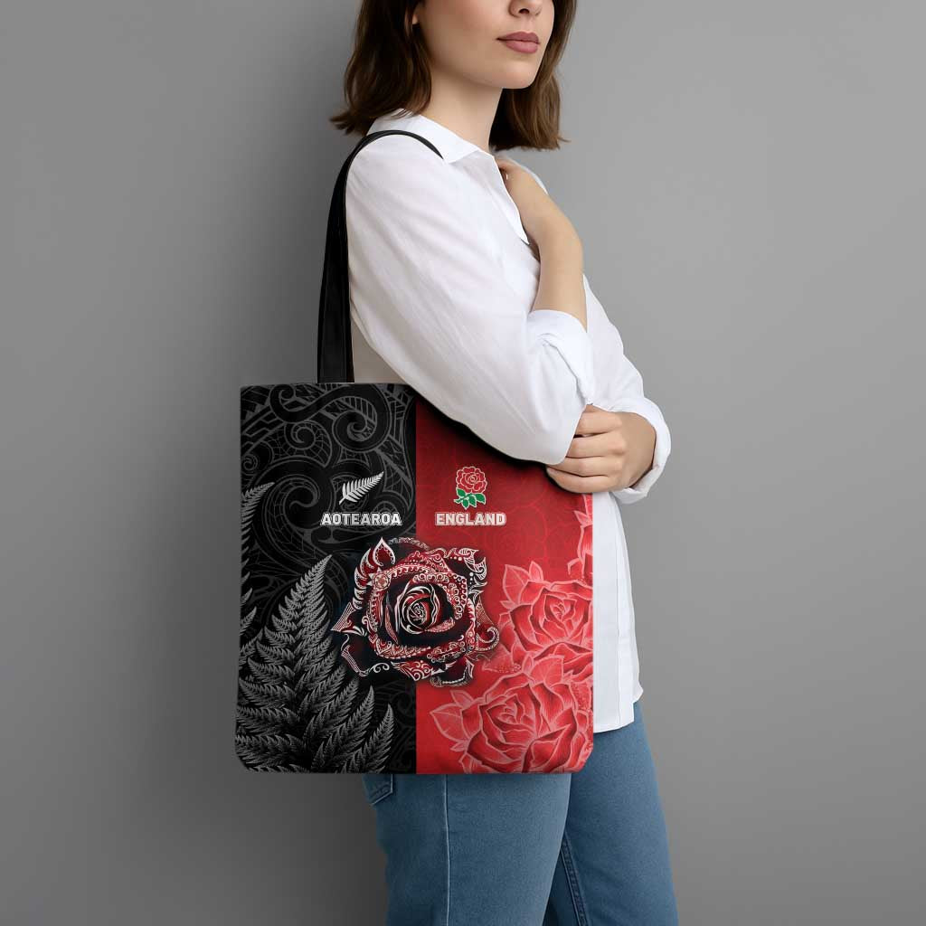 New Zealand And England Rugby Tote Bag Red Rose Mix Maori Pattern LT05 - Polynesian Pride