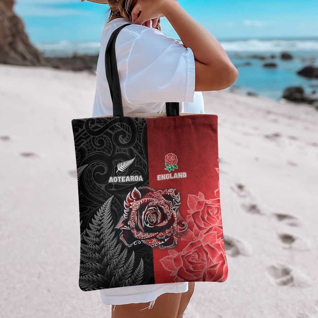 New Zealand And England Rugby Tote Bag Red Rose Mix Maori Pattern LT05 - Polynesian Pride