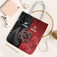 New Zealand And England Rugby Tote Bag Red Rose Mix Maori Pattern LT05 White Strap One Size Black - Polynesian Pride